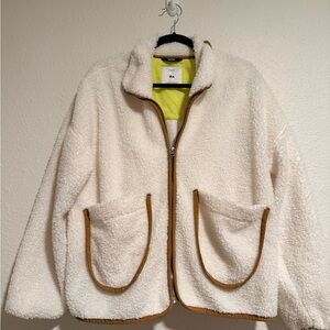 Elegant Cream Teddy Jacket with Brown Trim
